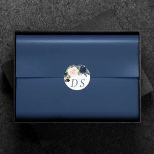 Chic Blooms Navy Blue and Blush Change of Date Classic Round Sticker