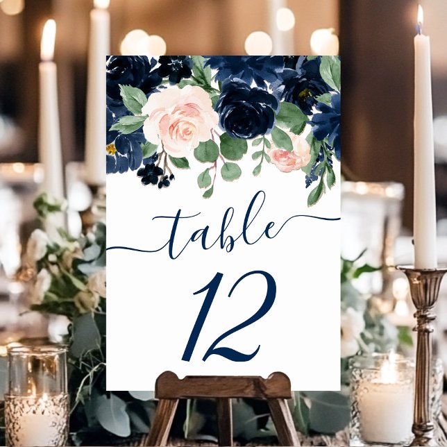 Chic Blooms | Navy Blue and Blush Floral Garland Table Number (Creator Uploaded)