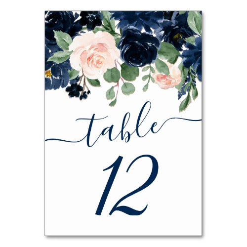Chic Blooms  Navy Blue and Blush Floral Garland Table Number