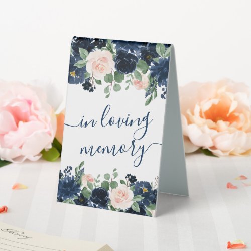 Chic Blooms  Navy Blue and Blush Floral Memorial Table Tent Sign