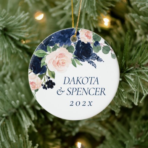 Chic Blooms  Navy Blue and Blush Floral Monogram Ceramic Ornament