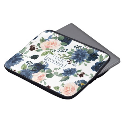 Chic Blooms  Navy Blue and Blush Floral Monogram Laptop Sleeve