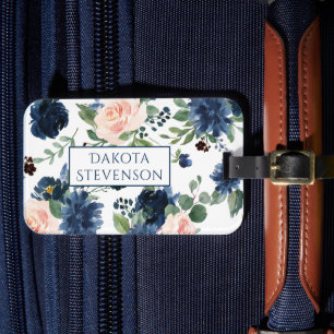 Chic Blooms Navy Blue and Blush Floral Monogram Luggage Tag