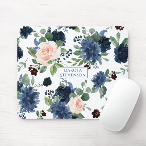 Chic Blooms  Navy Blue and Blush Floral Monogram Mouse Pad