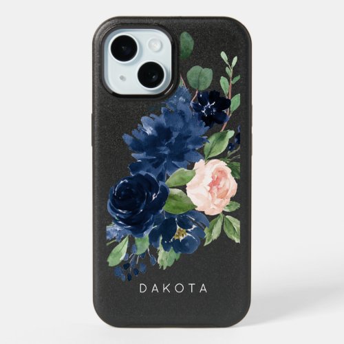 Chic Blooms  Navy Blue and Blush Floral Monogram iPhone 15 Case