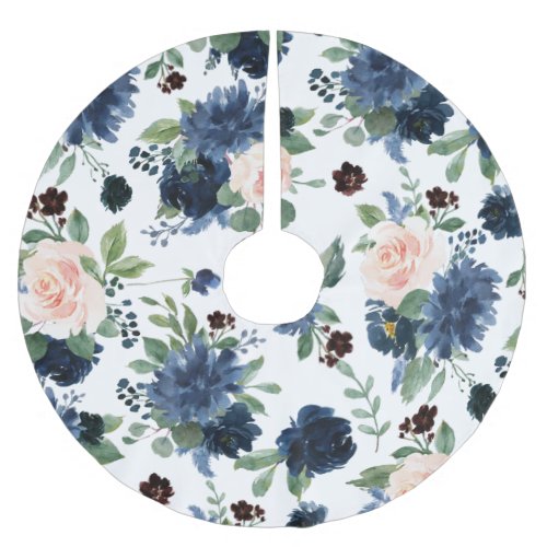 Chic Blooms  Navy Blue and Blush Floral Pattern Brushed Polyester Tree Skirt