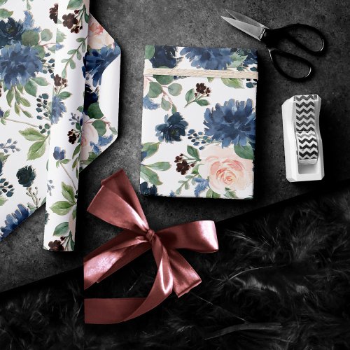 Chic Blooms  Navy Blue and Blush Floral Pattern Wrapping Paper