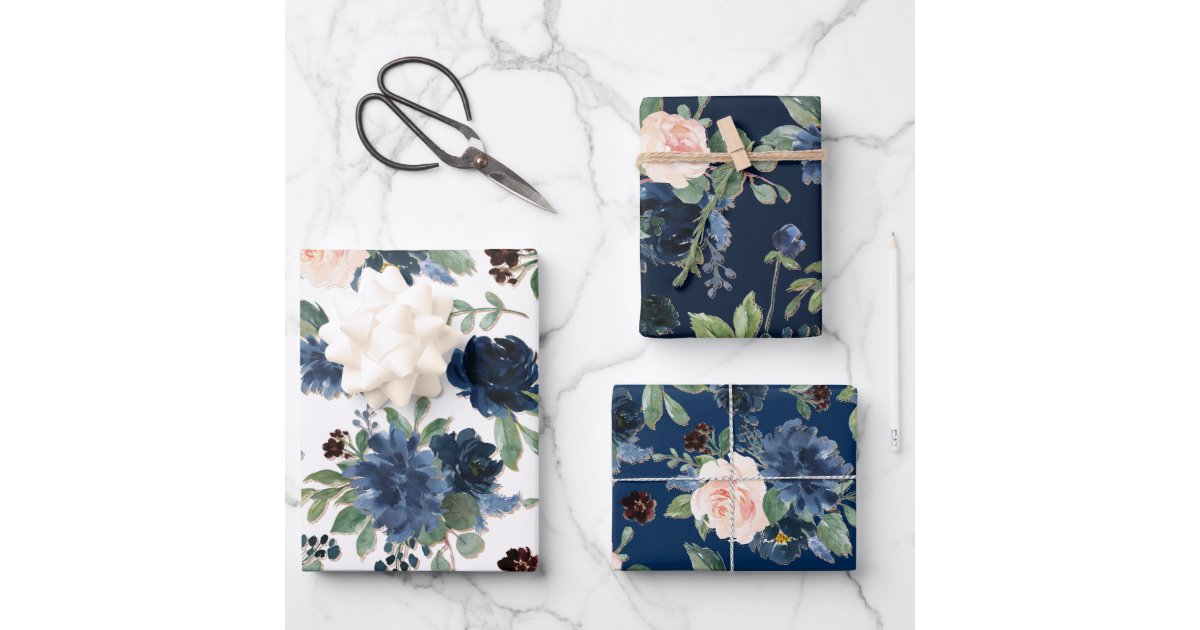 Chic Blooms | Navy Blue and Blush Floral Pattern Wrapping Paper Sheets ...