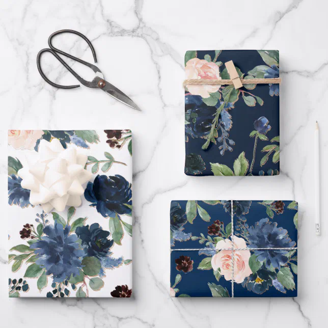 Chic Blooms | Navy Blue and Blush Floral Pattern Wrapping Paper Sheets ...