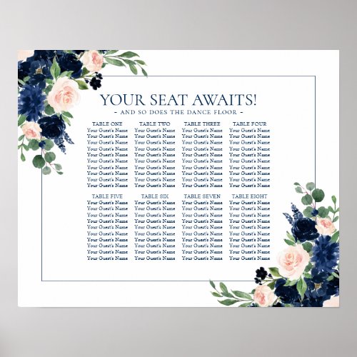Chic Blooms  Navy Blue and Blush Floral Seating Poster