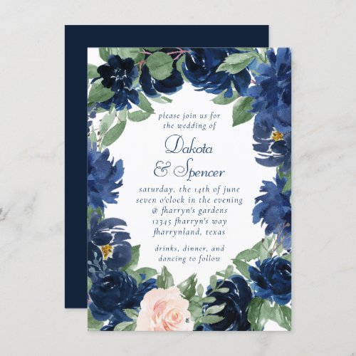 Chic Blooms  Navy Blue and Blush Floral Wedding Invitation