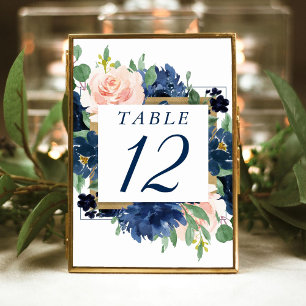 Chic Blooms Navy Blue and Blush Floral Wreath Table Number