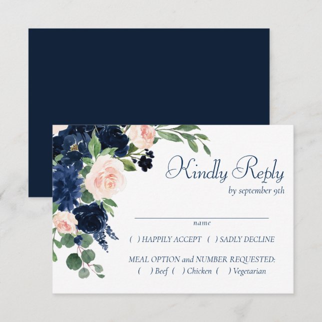 Chic Blooms | Navy Blue and Blush Frame Entree RSVP Card (Front/Back)
