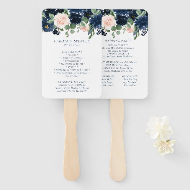 Chic Blooms | Navy Blue and Blush Garland Program Hand Fan (Front and Back)