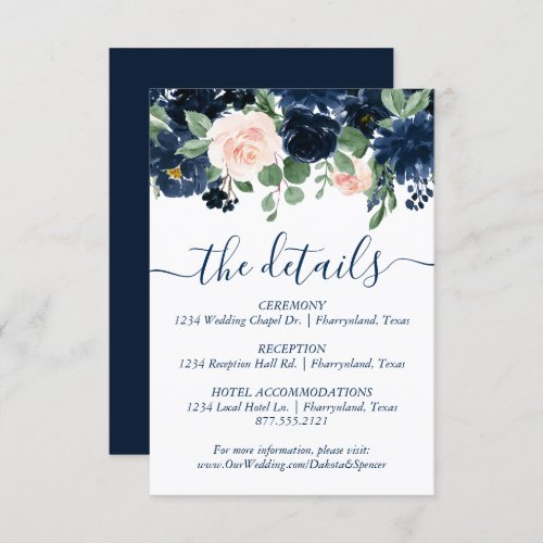 Chic Blooms  Navy Blue and Blush Guest Details Enclosure Card