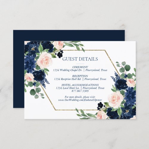 Chic Blooms  Navy Blue and Blush Guest Details Enclosure Card