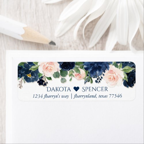 Chic Blooms  Navy Blue and Blush Heart Address Label