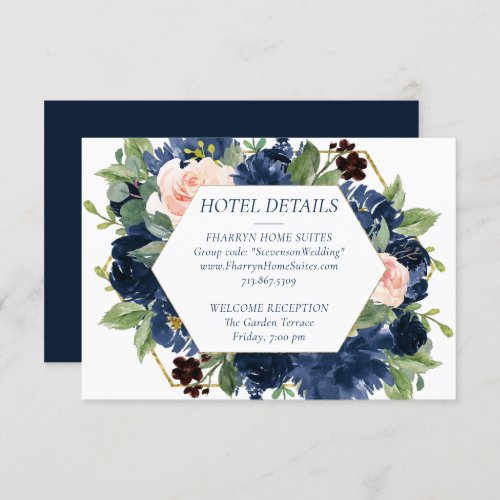 Chic Blooms  Navy Blue and Blush Hotel Details Enclosure Card