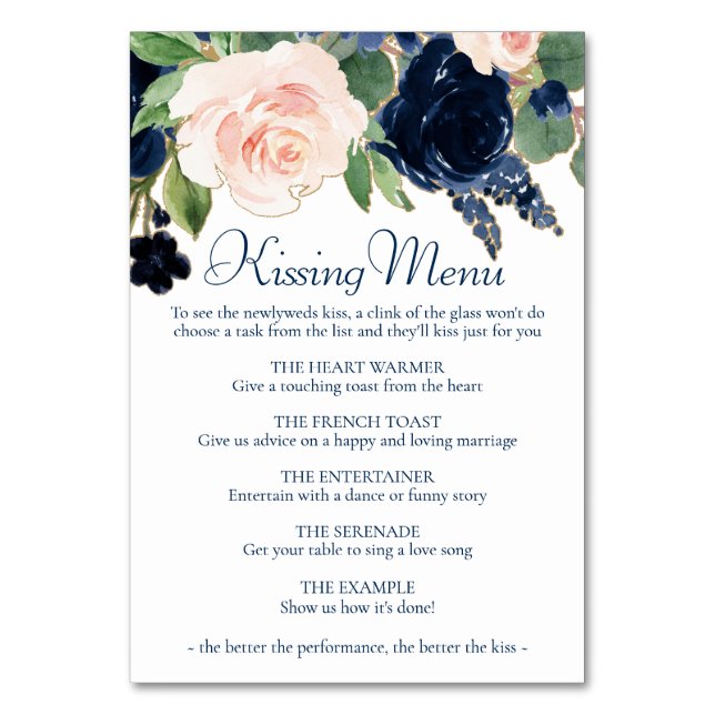 Chic Blooms | Navy Blue and Blush Kissing Menu Table Number (Front)