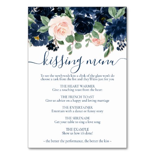Chic Blooms  Navy Blue and Blush Kissing Menu Table Number
