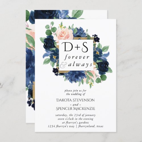 Chic Blooms  Navy Blue and Blush Monogram Photo Invitation