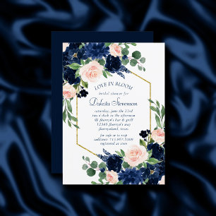 Chic Blooms   Navy Blue and Blush Pink Baby Shower Invitation