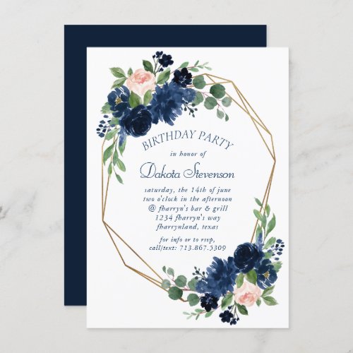 Chic Blooms  Navy Blue and Blush Pink Birthday Invitation