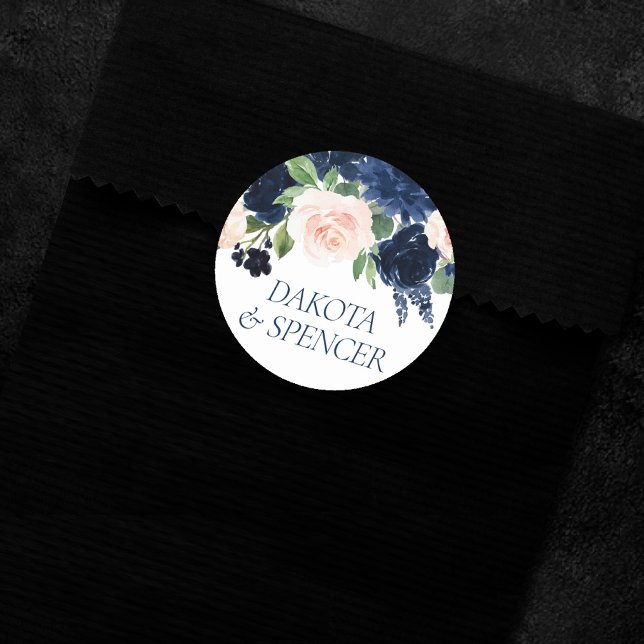 Chic Blooms | Navy Blue and Blush Pink Bouquet Classic Round Sticker (Creator Uploaded)