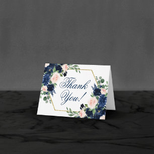 Chic Blooms Navy Blue and Blush Pink Bouquets Letterpress Thank You Card