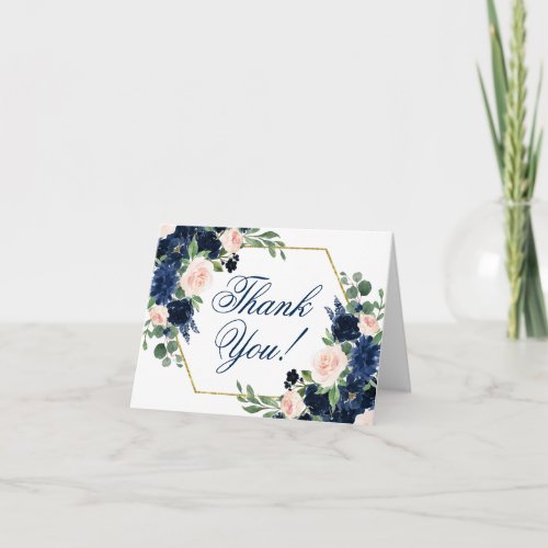 Chic Blooms  Navy Blue and Blush Pink Bouquets Thank You Card