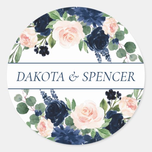 Chic Blooms  Navy Blue and Blush Pink Custom Classic Round Sticker