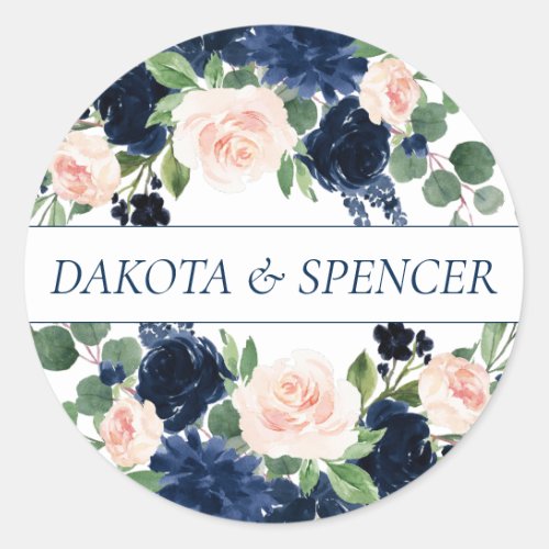 Chic Blooms  Navy Blue and Blush Pink Custom Classic Round Sticker