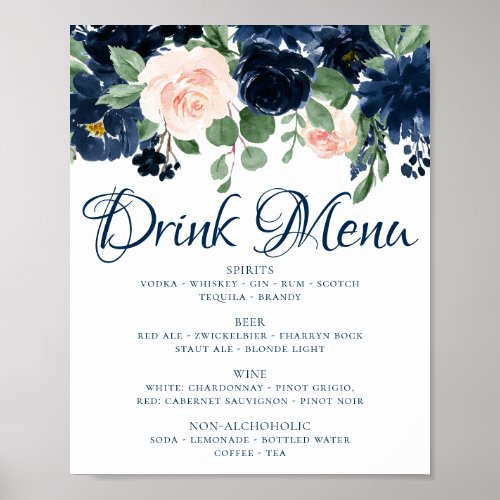 Chic Blooms  Navy Blue and Blush Pink Drink Menu Poster