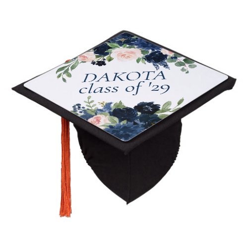 Chic Blooms  Navy Blue and Blush Pink Floral Graduation Cap Topper