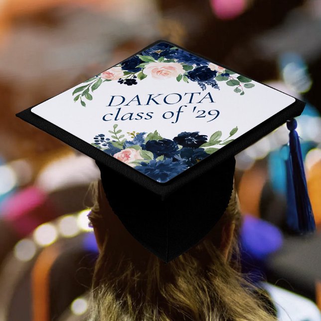 Chic Blooms | Navy Blue and Blush Pink Floral Graduation Cap Topper (Creator Uploaded)
