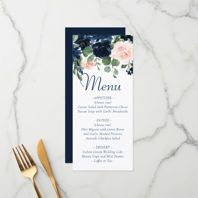 Chic Blooms | Navy Blue and Blush Pink Floral Menu (Front/Back In Situ)