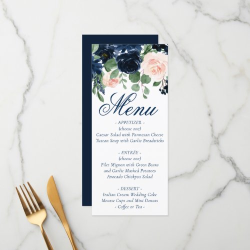 Chic Blooms  Navy Blue and Blush Pink Floral Menu