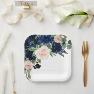 Chic Blooms Navy Blue and Blush Pink Floral Paper Plates