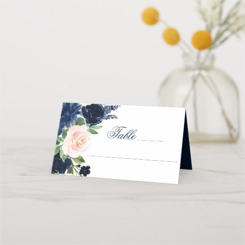 Chic Blooms  Navy Blue and Blush Pink Floral Place Card