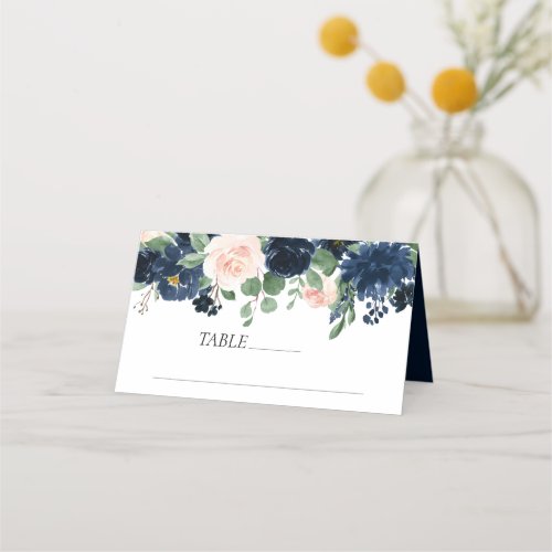 Chic Blooms  Navy Blue and Blush Pink Floral Place Card