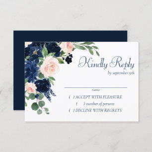 Chic Blooms   Navy Blue and Blush Pink Floral RSVP Card