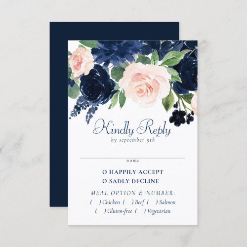 Chic Blooms  Navy Blue and Blush Pink Floral RSVP Card