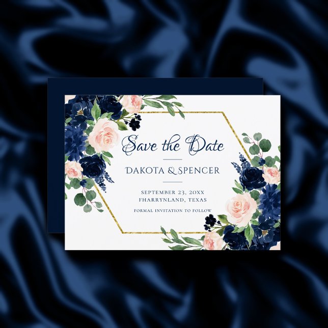 Chic Blooms | Navy Blue and Blush Pink Floral Save The Date (Creator Uploaded)