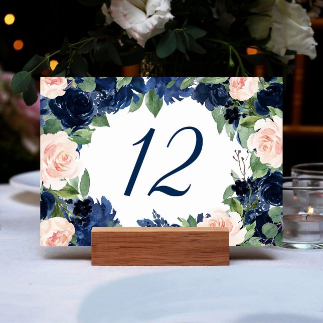 Chic Blooms | Navy Blue and Blush Pink Floral Table Number (Creator Uploaded)