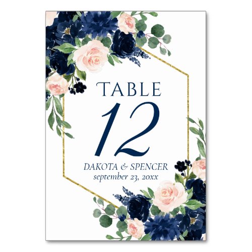 Chic Blooms  Navy Blue and Blush Pink Floral Table Number