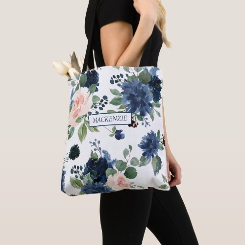 Chic Blooms  Navy Blue and Blush Pink Floral Tote Bag