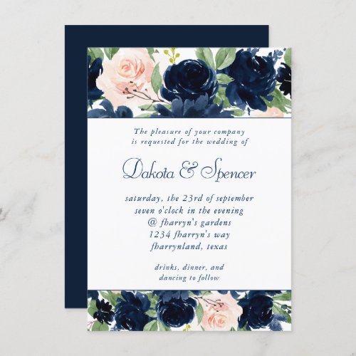 Chic Blooms  Navy Blue and Blush Pink Garland Invitation