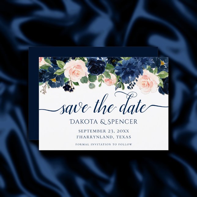 Chic Blooms | Navy Blue and Blush Pink Garland Save The Date (Creator Uploaded)