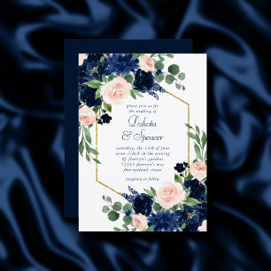 Chic Blooms   Navy Blue and Blush Pink Gold Frame Invitation