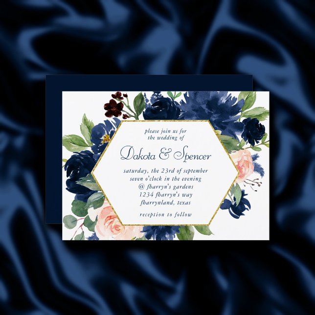 Chic Blooms | Navy Blue and Blush Pink Gold Frame Invitation (Creator Uploaded)